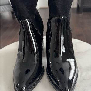Elegant Black Patent Leather Wishbone Boots with Embellished Heels